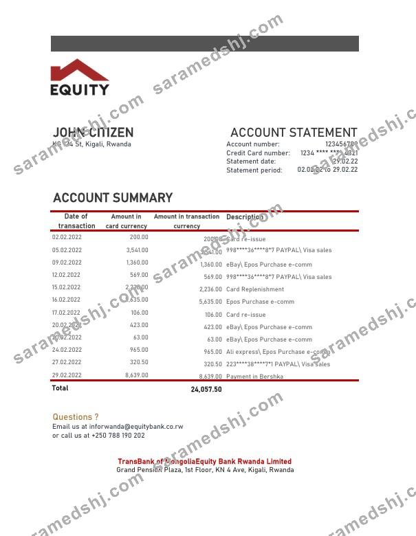 Rwanda Equity bank statement, Excel and PDF template
